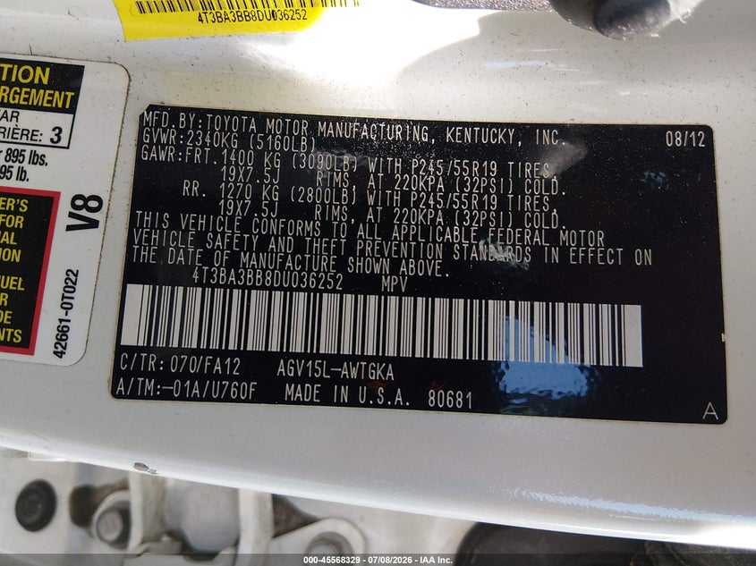 2013 Toyota Venza Le VIN: 4T3BA3BB8DU036252 Lot: 45568329