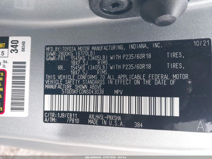 2022 Toyota Sienna Xse VIN: 5TDDSKFC0NS043038 Lot: 45568349