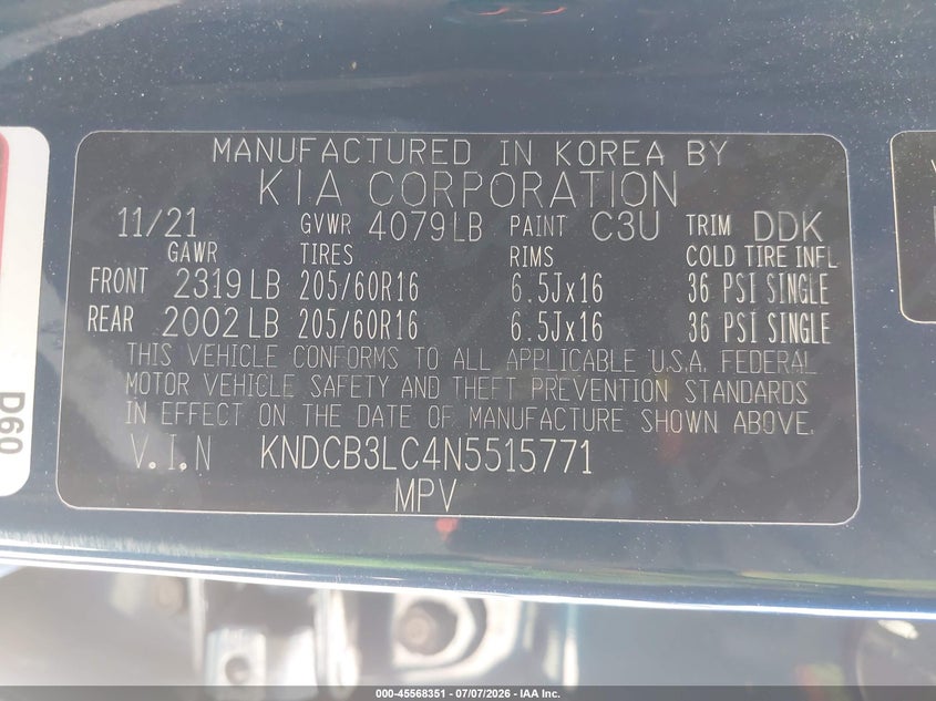 2022 Kia Niro Lx VIN: KNDCB3LC4N5515771 Lot: 45568351
