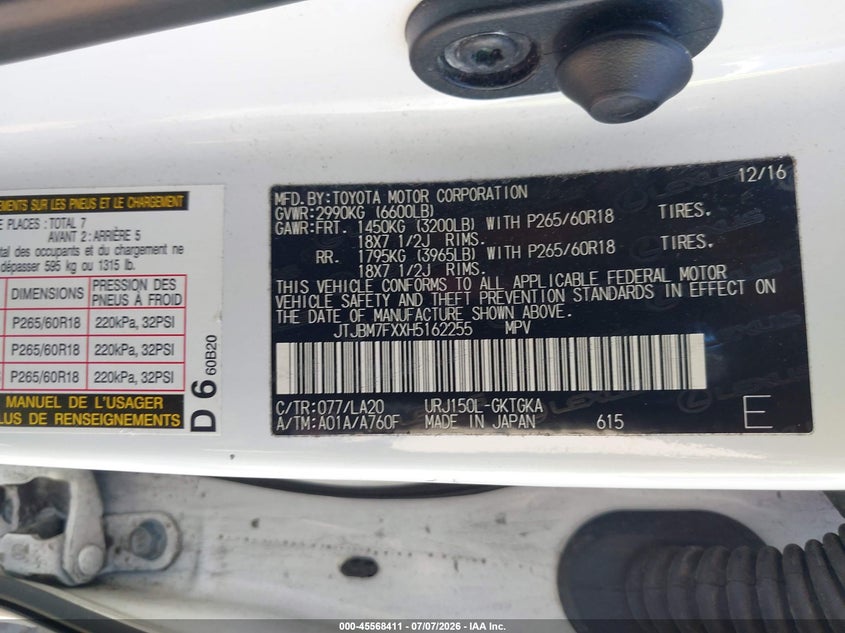 2017 Lexus Gx 460 VIN: JTJBM7FXXH5162255 Lot: 45568411