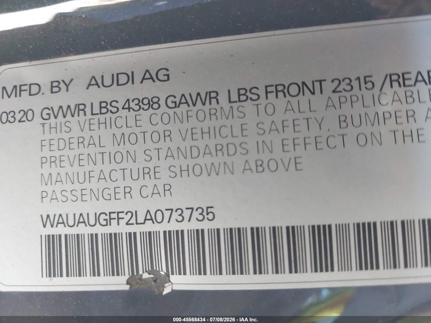2020 Audi A3 Premium 40 Tfsi Front-Wheel Drive S Tronic VIN: WAUAUGFF2LA073735 Lot: 45568434