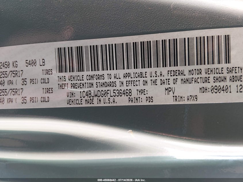 2015 Jeep Wrangler Unlimited Sport VIN: 1C4BJWDG0FL536468 Lot: 45568442
