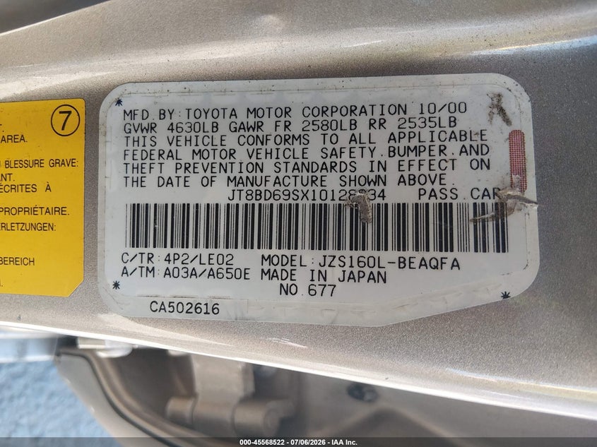 2001 Lexus Gs 300 VIN: JT8BD69SX10128234 Lot: 45568522