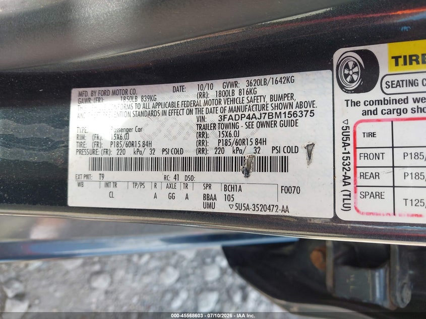 2011 Ford Fiesta S VIN: 3FADP4AJ7BM156375 Lot: 45568603