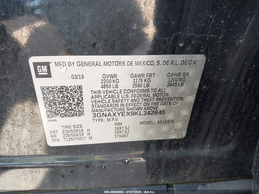 2019 Chevrolet Equinox Premier VIN: 3GNAXYEX9KL342645 Lot: 45568604