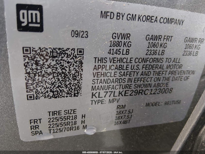 2024 Chevrolet Trax Fwd Activ VIN: KL77LKE29RC123008 Lot: 45568609