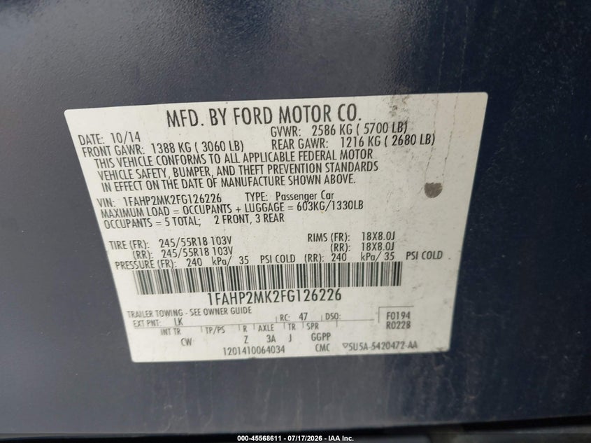 2015 Ford Police Interceptor VIN: 1FAHP2MK2FG126226 Lot: 45568611