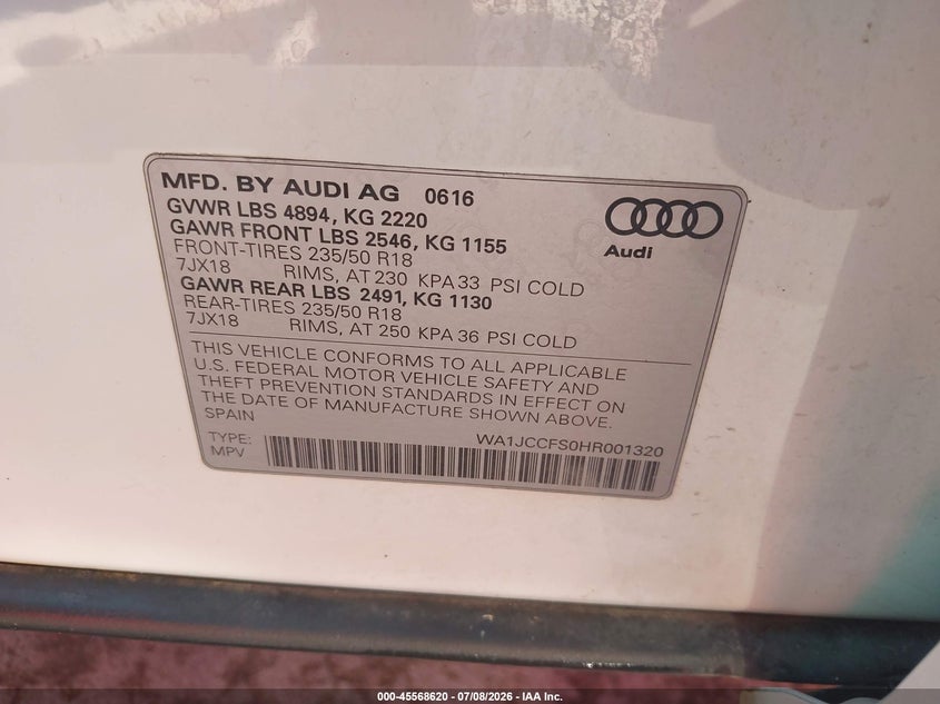 2017 Audi Q3 2.0T Premium VIN: WA1JCCFS0HR001320 Lot: 45568620