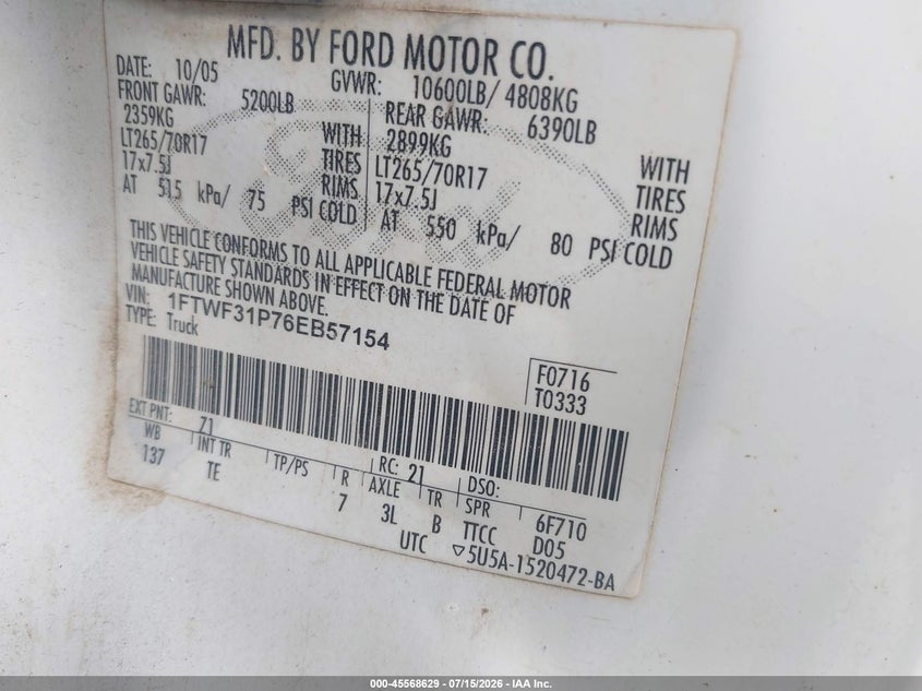 2006 Ford F-350 Xl/Xlt VIN: 1FTWF31P76EB57154 Lot: 45568629