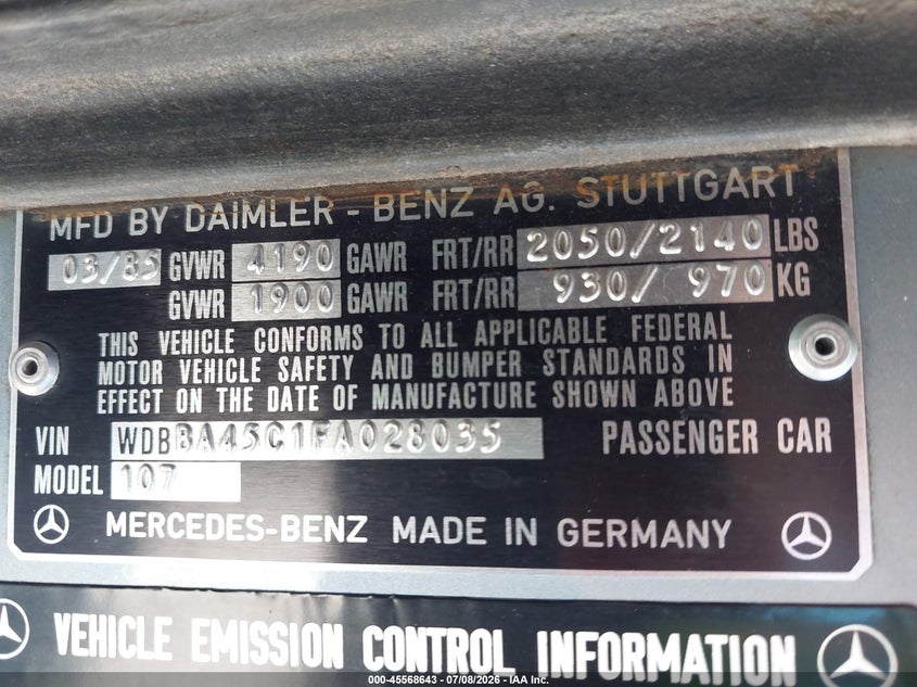 1985 Mercedes-Benz 380 Sl VIN: WDBBA45C1FA028035 Lot: 45568643