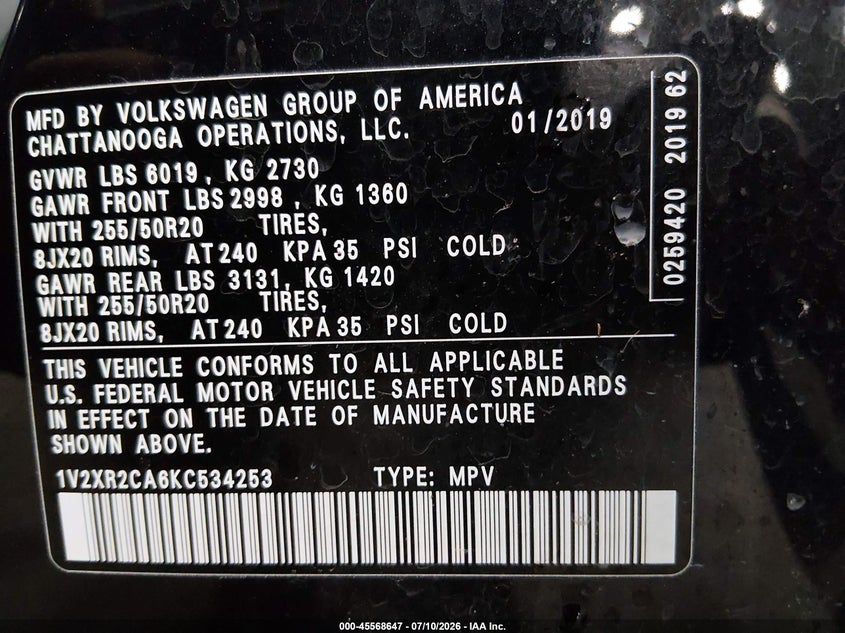 2019 Volkswagen Atlas 3.6L V6 Se W/Technology R-Line VIN: 1V2XR2CA6KC534253 Lot: 45568647