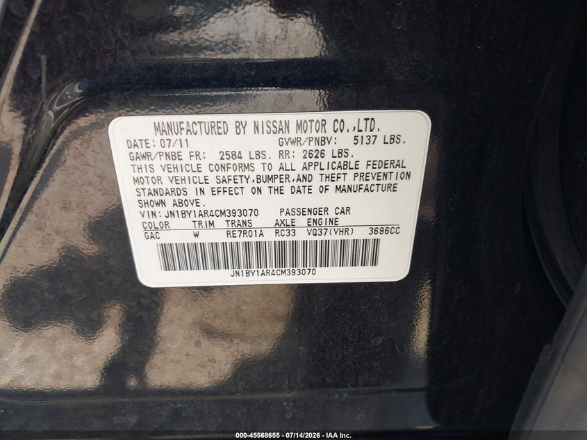 2012 Infiniti M37X VIN: JN1BY1AR4CM393070 Lot: 45568655