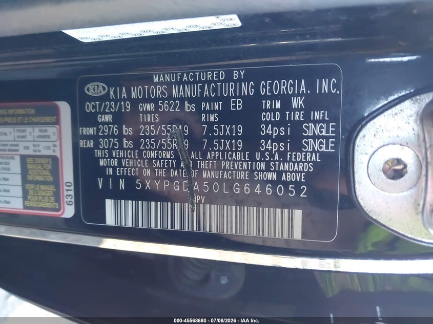 KIA SORENTO 2020 VIN 5XYPGDA50LG646052