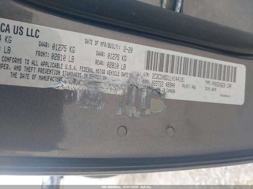2020 Dodge Charger Sxt Rwd VIN: 2C3CDXBG1LH144181 Lot: 45568692