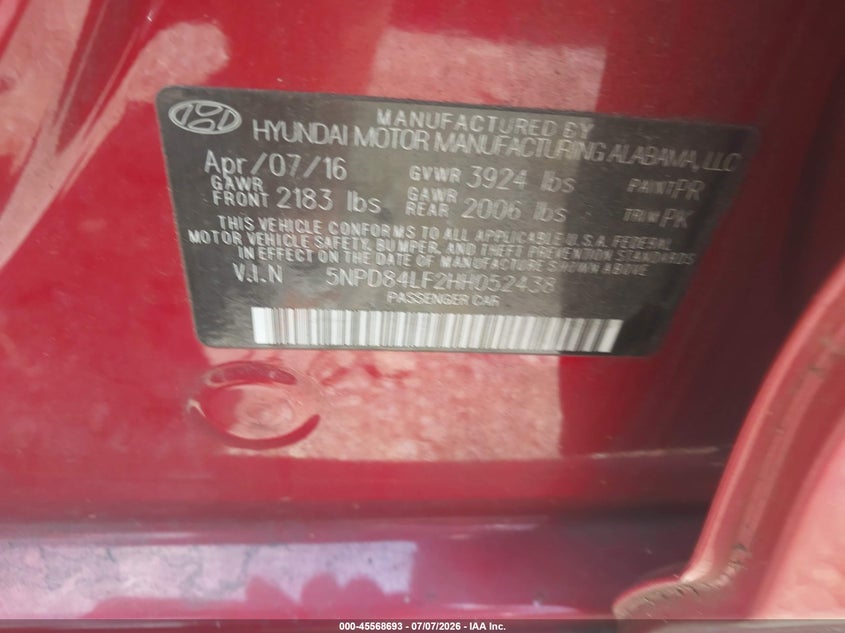 2017 Hyundai Elantra Limited VIN: 5NPD84LF2HH052438 Lot: 45568693