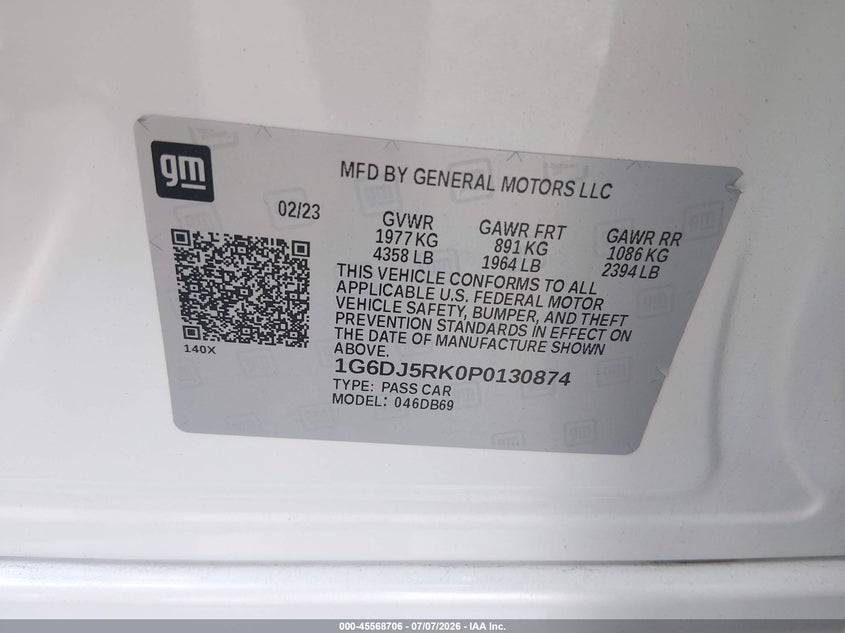 2023 Cadillac Ct4 Luxury VIN: 1G6DJ5RK0P0130874 Lot: 45568706