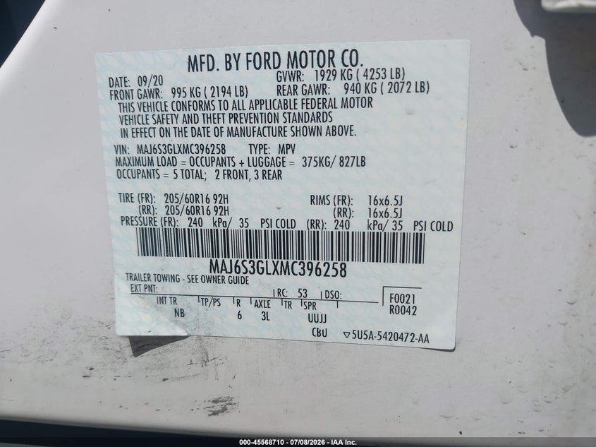 2021 Ford Ecosport Se VIN: MAJ6S3GLXMC396258 Lot: 45568710