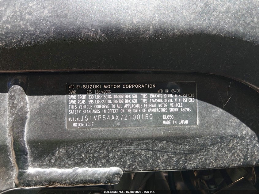 2007 Suzuki Dl650 VIN: JS1VP54AX72100150 Lot: 45568754