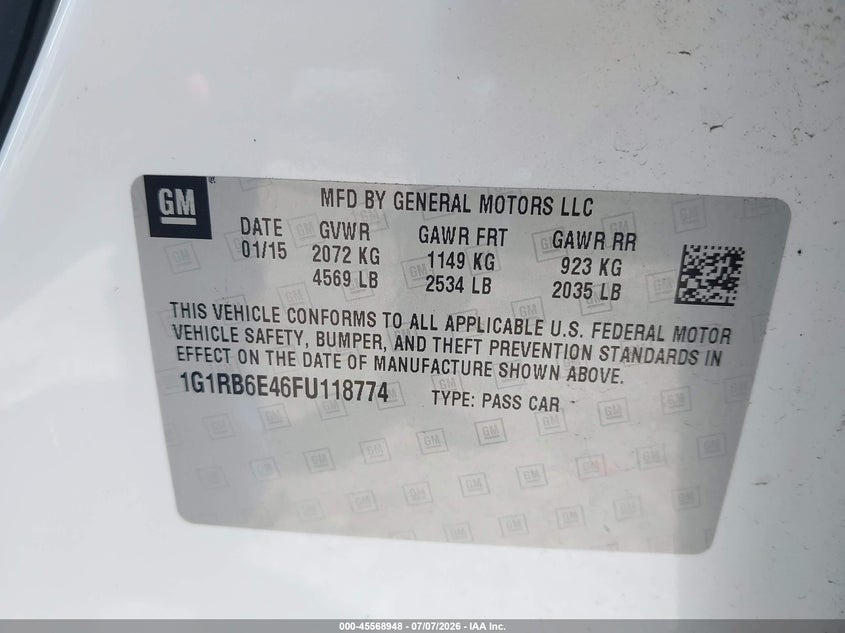 2015 Chevrolet Volt VIN: 1G1RB6E46FU118774 Lot: 45568948