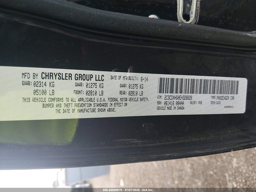 2014 Dodge Charger Sxt 100Th Anniversary VIN: 2C3CDXHG0EH326626 Lot: 45568979