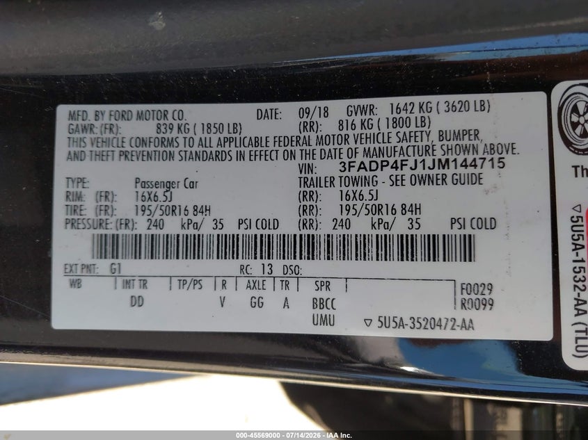 2018 Ford Fiesta Titanium VIN: 3FADP4FJ1JM144715 Lot: 45569000