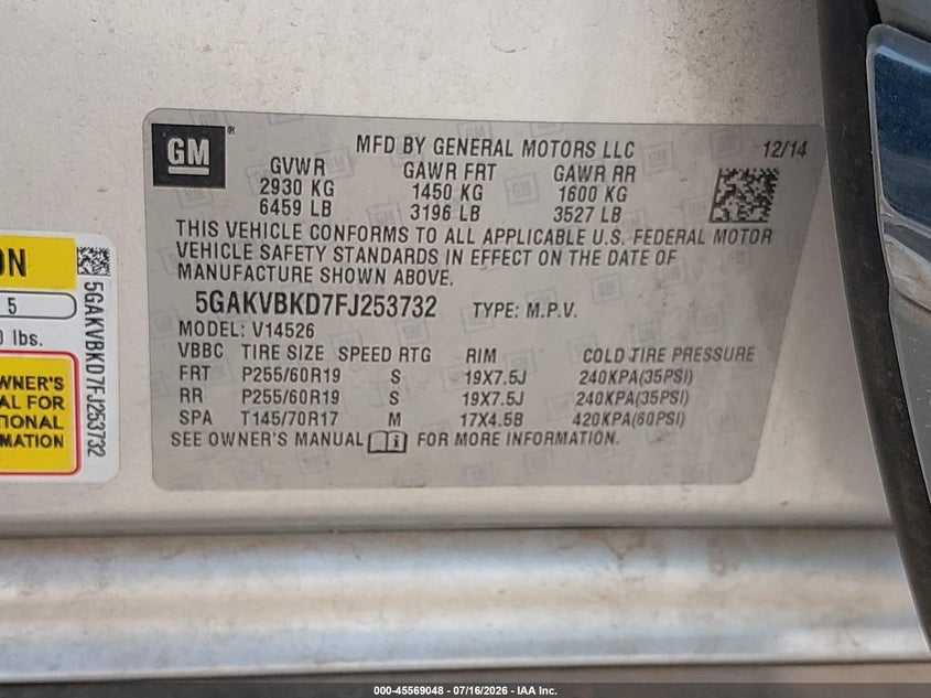 2015 Buick Enclave Leather VIN: 5GAKVBKD7FJ253732 Lot: 45569048