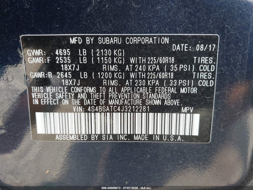 2018 Subaru Outback 2.5I Touring VIN: 4S4BSATC4J3212281 Lot: 45569072