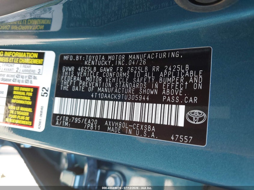 TOYOTA CAMRY 2026 VIN 4T1DAACK9TU305944
