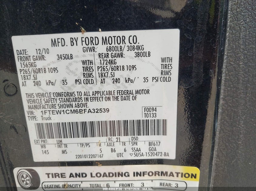 2011 Ford F-150 Xlt VIN: 1FTEW1CM6BFA32539 Lot: 45569136