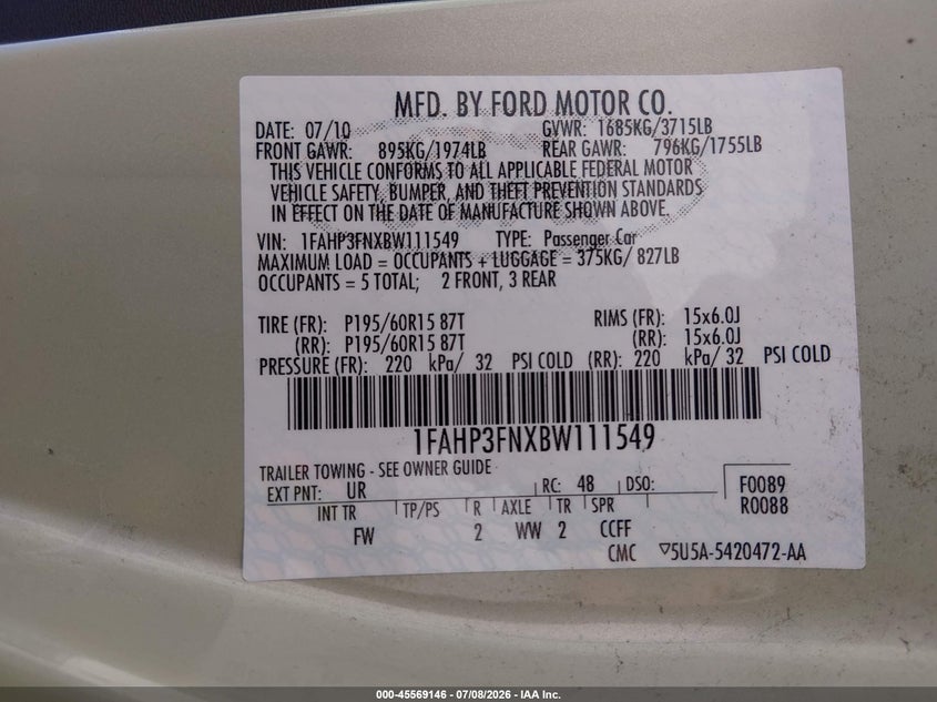 FORD FOCUS 2011 VIN 1FAHP3FNXBW111549