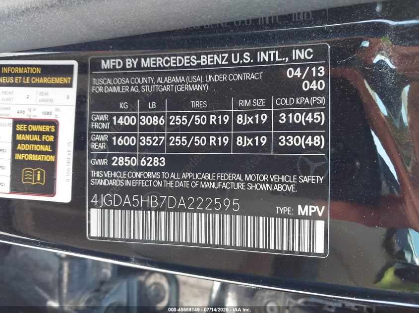 2013 Mercedes-Benz Ml 350 4Matic VIN: 4JGDA5HB7DA222595 Lot: 45569149