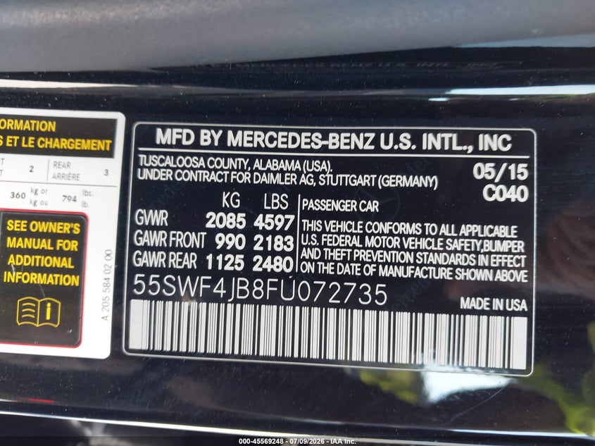 2015 Mercedes-Benz C 300 VIN: 55SWF4JB8FU072735 Lot: 45569248