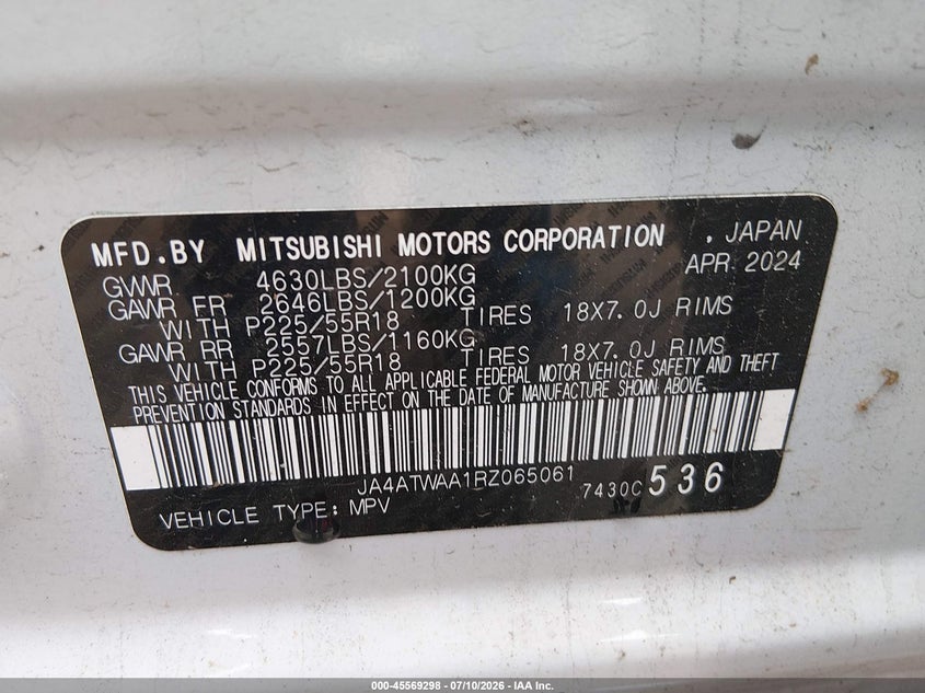 2024 Mitsubishi Eclipse Cross Se S-Awc VIN: JA4ATWAA1RZ065061 Lot: 45569298