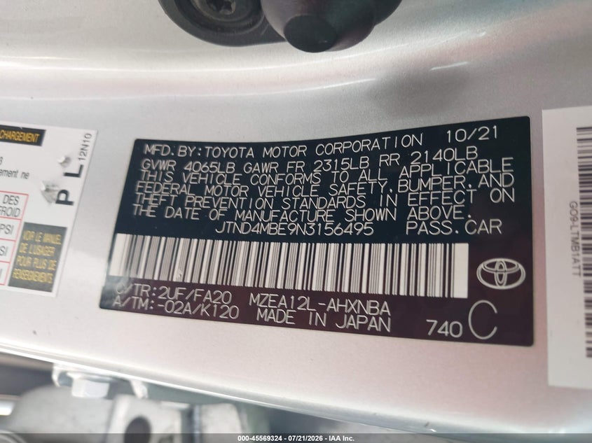 2022 Toyota Corolla Se VIN: JTND4MBE9N3156495 Lot: 45569324