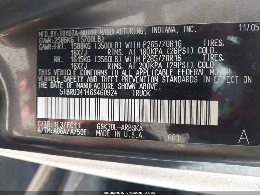 2006 Toyota Tundra Sr5 VIN: 5TBRU34146S460924 Lot: 45569335