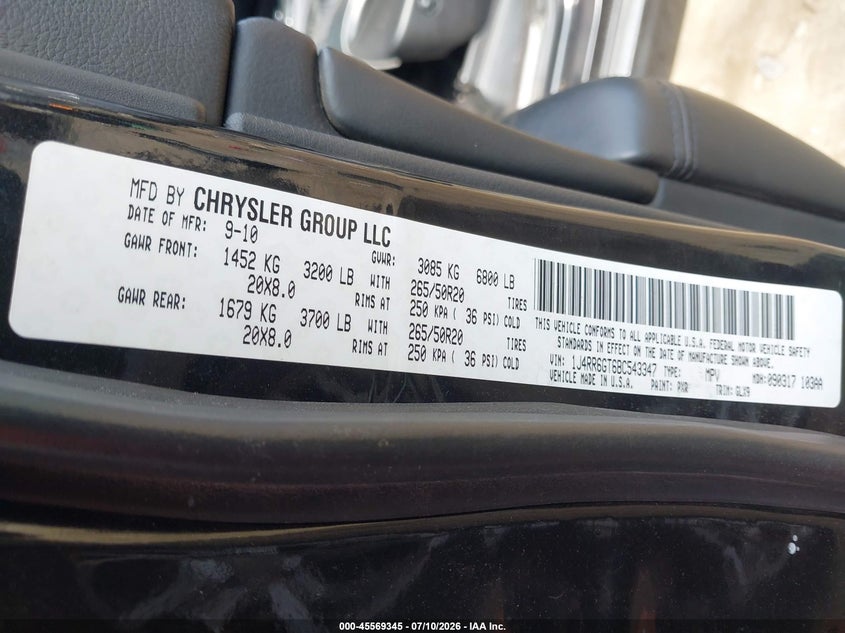 JEEP GRAND CHEROKEE 2011 VIN 1J4RR6GT6BC543347