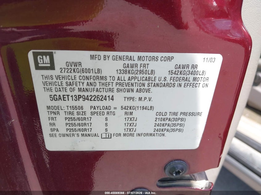 2004 Buick Rainier Cxl VIN: 5GAET13P942262414 Lot: 45569366