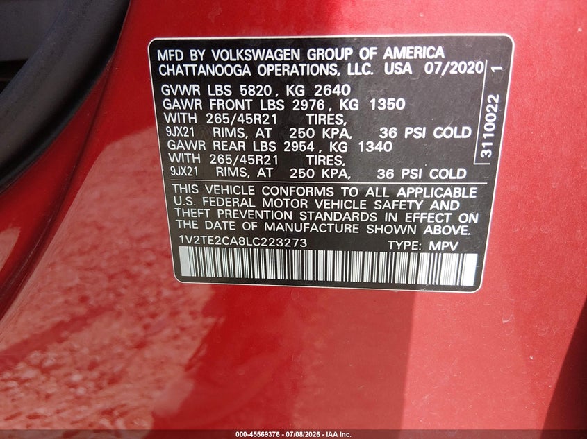 2020 Volkswagen Atlas Cross Sport 3.6L V6 Sel Premium R-Line VIN: 1V2TE2CA8LC223273 Lot: 45569376