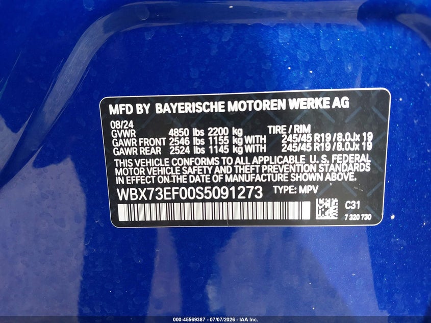 2025 BMW X1 xDrive28I VIN: WBX73EF00S5091273 Lot: 45569387