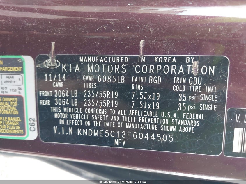 2015 Kia Sedona Sx Luxury VIN: KNDME5C13F6044505 Lot: 45569395