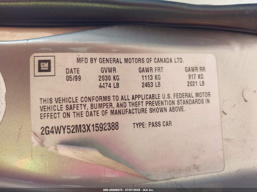 1999 Buick Century Limited VIN: 2G4WY52M3X1592388 Lot: 45569470