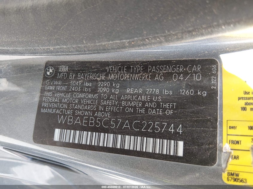 2010 BMW 650I VIN: WBAEB5C57AC225744 Lot: 45569518
