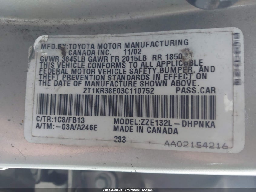 2003 Toyota Matrix Xr VIN: 2T1KR38E03C110752 Lot: 45569520