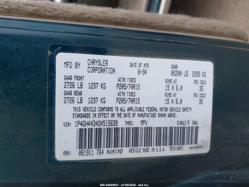 1995 Plymouth Grand Voyager Se VIN: 1P4GH4434SX515639 Lot: 45569551