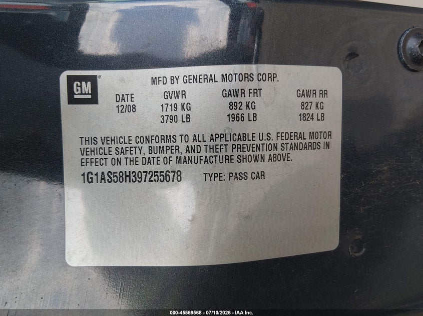 2009 Chevrolet Cobalt Ls VIN: 1G1AS58H397255678 Lot: 45569568