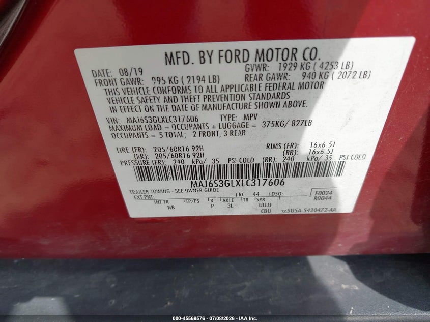 2020 Ford Ecosport Se VIN: MAJ6S3GLXLC317606 Lot: 45569576
