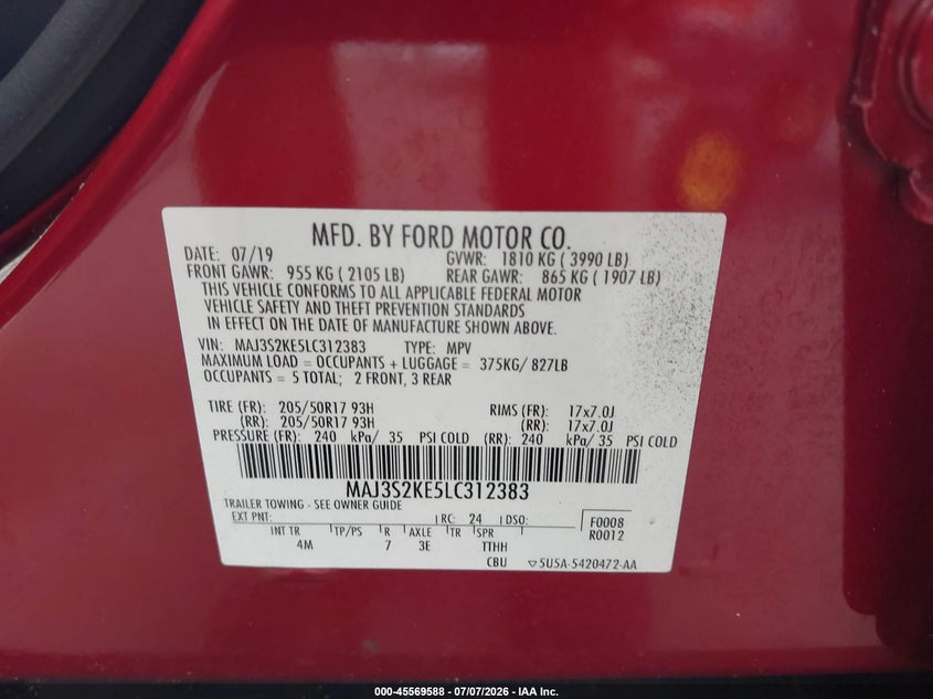 2020 Ford Ecosport Titanium VIN: MAJ3S2KE5LC312383 Lot: 45569588