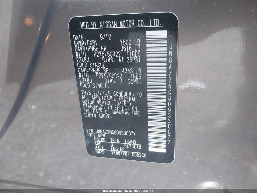 2013 Infiniti Qx56 VIN: JN8AZ2NC8D9330077 Lot: 45569589