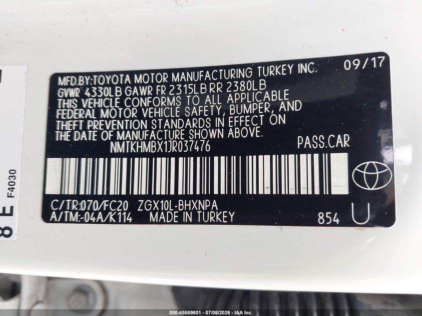 2018 Toyota C-Hr Xle VIN: NMTKHMBX1JR037476 Lot: 45569601