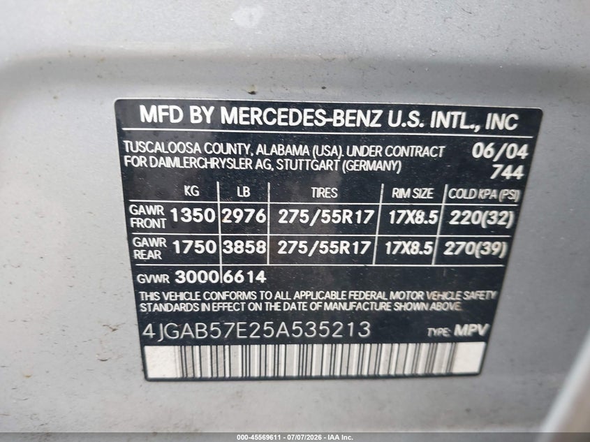 2005 Mercedes-Benz Ml 350 4Matic VIN: 4JGAB57E25A535213 Lot: 45569611